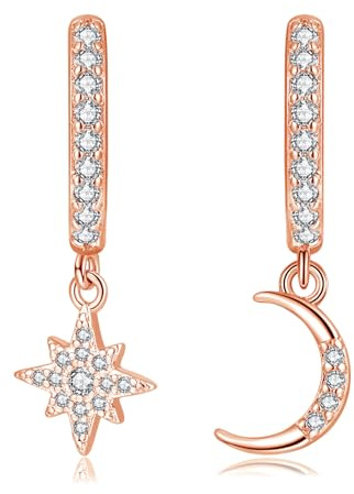 Zolkamery Creolen Ohrringe Silber Hängend für Damen, 925 Sterling Silber Creolen Ohrhänger Set mit Zirkonia, Hypoallergen Hängeohrringe mit Mond Stern Herz Anhänger, Kreolen Ohrringe mit Geschenkbox