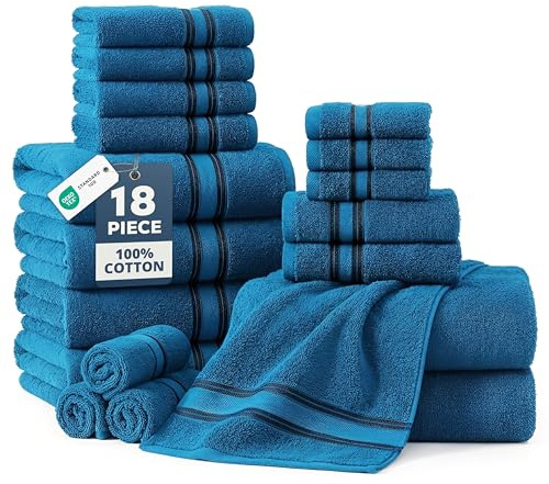 LANE LINEN 18Pc 100% Cotton Bath Towels – 6 Bath, 6 Hand Towel & 6 Washcloths, Zero Twist, Absorbent Softness for Daily Use, Perfect for Airbnb, Spa & Hotel, Machine Washable – Sea Port