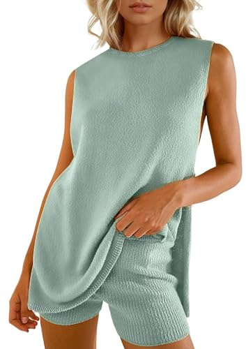 Yimoon sommartröja för kvinnor set 2 delar strandsemester kläder ärmlös tunika topp matchande shorts loungeuppsättning, gRÖN, Medium