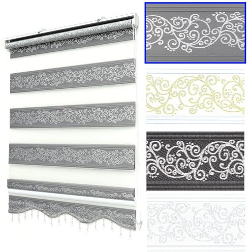 Brillant Doppelrollo Klemmfix ohne Bohren Grau Silber 200 x 60 cm (Länge x Breite) Duorollo Blickdicht mit Perlen, glitzert, Raffrollo Fenster Tür Zebra Perde Klemmrollo Seitenzugrollo