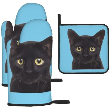 Ensemble de gants de cuisine et maniques imprimés de chats noirs - Résistants à la chaleur - Imperméables - Pour cuisine, pâtisserie, grillades