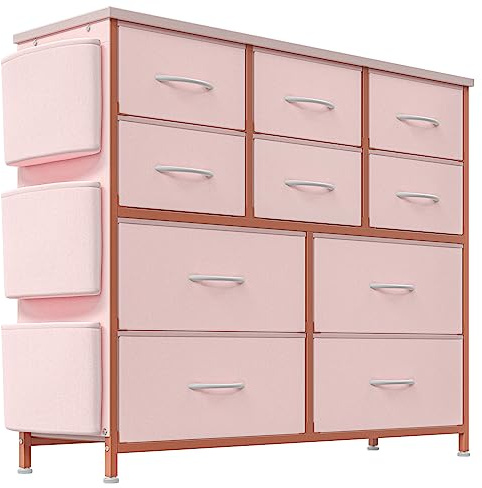 ZoomBuggy Kommode Schrank mit 10 Schubladen aus Stoff, Sideboard mit Griffen & Metallrahmen, Stoffschubladen für Flur, Wohnzimmer, Schlafzimmer, Küche & Büro, Rosa