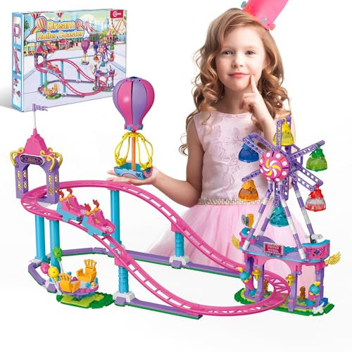 AKWME Friends Roller Coaster Building Set, Girls 6-12 Amusement Park Rotatable Ferris Wheel Building Block Toys STEM Kit Pink Carnival Princess Birthday Gift Idea for Kid Girls Boys Aged 6 8 10 12+