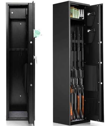 TANGZON 5-Gun Rifle Cabinet, 57’’/145cm Long Gun Safe Box with Biometric Fingerprint, Digital Keypad, 2 Emergency Keys, Ammo Lockbox & Storage Pockets, Anti-Theft Gun Security Safe for Home Office