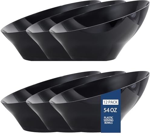 bUCLA 12 Pack Black Plastic Serving Bowls - 54 OZ Angled Bowls Disposable for Chip&Candy - Party Table Salad and Fruit for Party, Wedding & Halloween