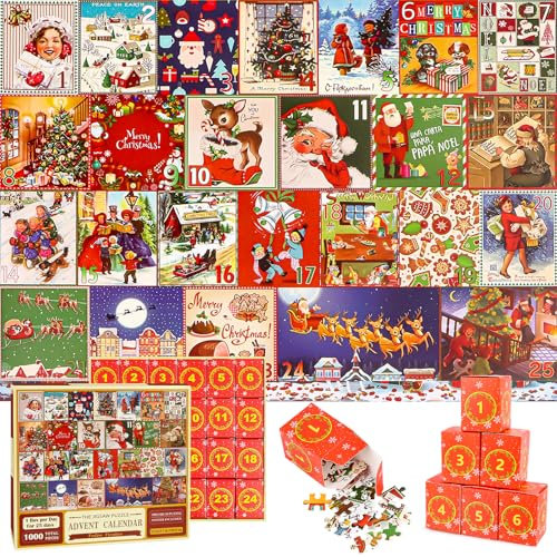 Advent Calendar 2025 Jigsaw Puzzle | 24 Days Christmas Countdown Calendar for Kids | 24 Boxes 1000 Piece Jigsaw Puzzles for Boys and Girls Xmas Family Toy Gift for Teens Adults