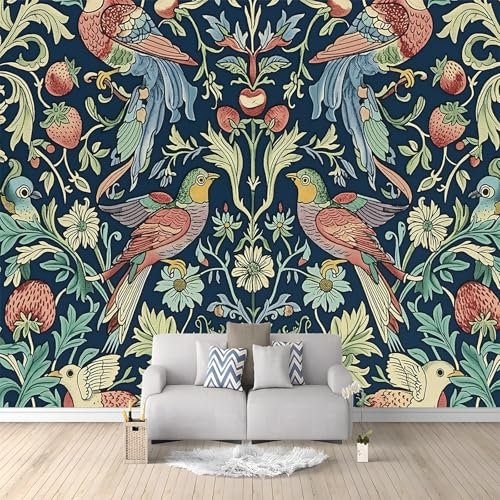 Papiers peints 200 x 140 cm Papier peint panoramique Revêtement mural décoration salon William Morris Oiseaux Et Fraises Papier Peint Intissé Décoration Murale Vert et Bleu