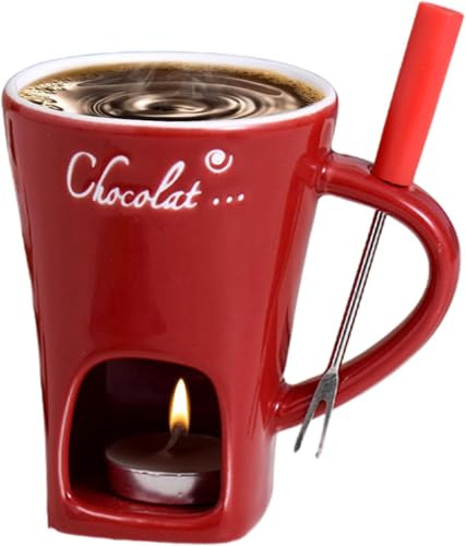 Angaekkot Chocolate Fondue Tasse,Schokoladenfondue Set,Keramik Schokoladenfondue Tasse,200ml Keramik Schokoladenfondue Tasse mit Gabeln,Persönlicher Käse-Schmelzbecher,Teekerzen-Fondue-Set (Rot)