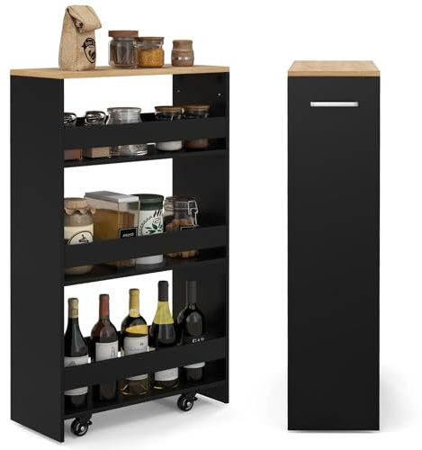COSTWAY Chariot de Rangement 20 cm à roulettes, Desserte de Cuisine Etroit à 4 Niveaux avec Poignée Latérale et Roues Universelles avec Freins, Design Étroit pour Petit Espace (Noir + Naturel)