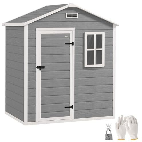 Outsunny 6 x 4ft Wood Effect Resin Garden Shed with Floor, Window, Lockable Door and Vents for Outdoor Storage, Grey