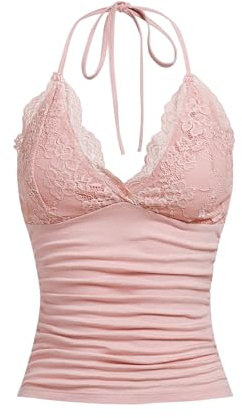 GORGLITTER Axelbandstopp för damer, Y2k, kamisol, crop top, neckholder, topp med kontrastspets, grå-rosa, S