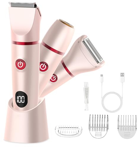 Bikini Trimmer for Women, Electric Razor for Pubic Hair 3-in-1, Bikini Shaver for Legs Body Hair, Womens Electric Razor IPX6 Waterproof, Gifts for Women,Pink