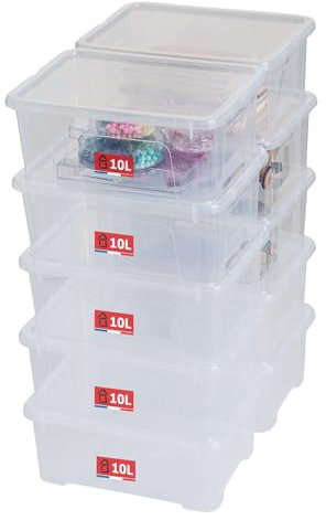 SUNDIS View Box, set di 10 scatole portaoggetti 10l, con coperchio, plastica trasparente, impilabile, ideale per piccoli oggetti per la casa e l'ufficio