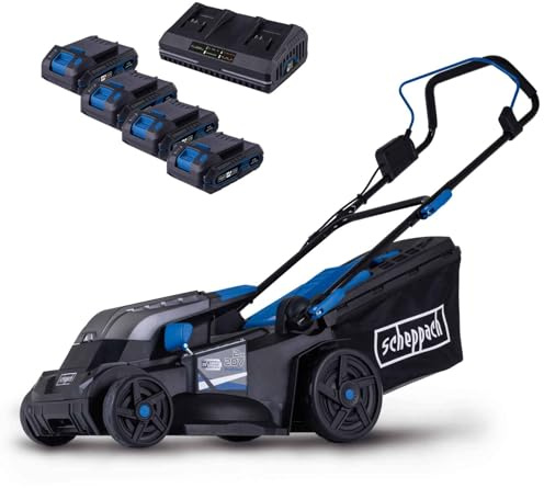 Scheppach Akku Rasenmäher BC-MP380-X | 38cm Schnittbreite | für 450-500m2 | 45L Korb | Schnitthöhe 25-75mm | Brushless | 20V-IXES-Serie | 10 Jahre Garantie | 4x2Ah Akku & Fastcharge Doppelladegerät