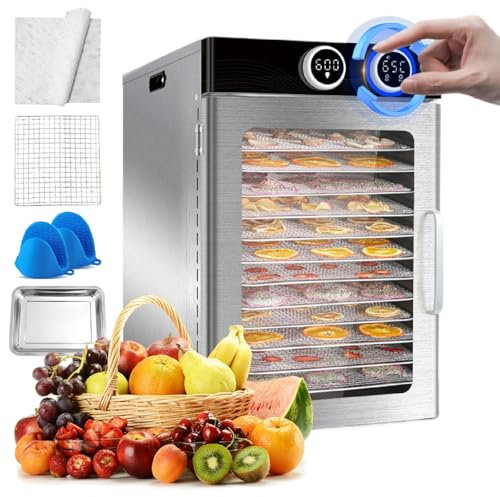 agreilduite Food Dehydrator for Jerky, Fruit, Meat, Herbs, 12-Tray Stainless Steel Dehydrator Machine, 24h Adjustable Timer,Temperature Control,w/ 12pcs Non-Stick Sheets+2pcs Drip Trays