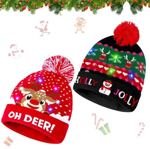 Giugio LED Weihnachtsmütze Erwachsene, Nikolausmütze Weihnachtsmützen Erwachsene Weihnachtsmann Mütze,Dehnbare Strickmütze,Rentier,Schneefall bedruckt, Leuchtende Weihnachtsmütze für Weihnachtsfeier