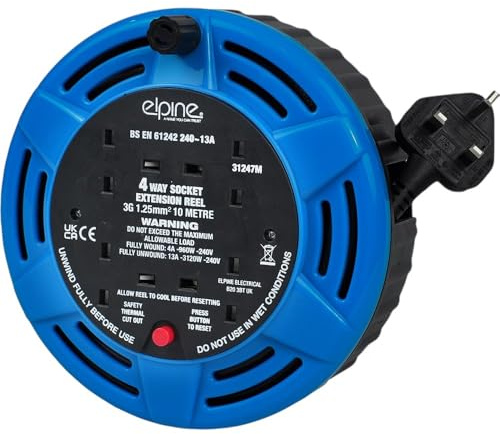 HomeVibe 10m Cable Reel – 4 Way Extension Lead 10A with Carry Handle, Compact Power Extension Drum for Home, Office, Garden, DIY & Tools – Model 31247C