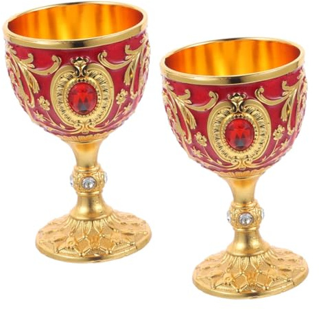FIXOSHEE 2piezas Copas Pequeñas De Aleación Vintage Para Licor Copa Embossed Para Whisky y Cócteles Vasos De Metal Retro Para Camping y Bebidas Color Dorado y Rojo