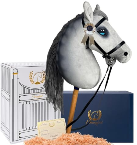 Ehrenpferd Hobby Horse Pferd -A3- Premium Steckenpferd mit Zubehör für Hobby Horsing: Pferde Spielzeug Set mit Stockpferd, Trense, Turnierschleife & Stall als Pferde Mädchen Geschenk - Luna