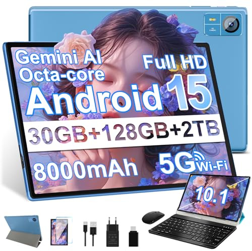 SUAAT 2026 Android 15 Tablet 10.1 Pulgadas, Gemini AI,Widevine L1,Octa Core, 8000mAh, 30GB RAM+ 128GB ROM+2TB, 8MP+5MP, Bluetooth 5.0,Tableta PC Incluye Ratón, Teclado y Funda Protectora - Azul
