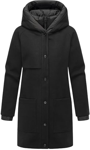 Navahoo Damen Mantel lange Übergangsjacke Kurzmantel in Wolloptik mit Kapuze und (abnehmbarem) Stepp-Einsatz Flauschwunder 14 S-3XL