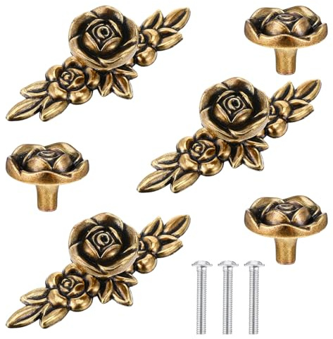 Xelsluthe 3 Pack Euro Rose Cabinet Knobs with Plate Vintage Zinc Alloy Flower Drawer Pull Handles Classic Bronze Cabinet Pulls and Knobs for Dresser Nightstand Cupboard