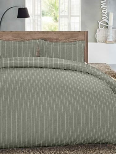 Dormisette Luxury German Flannel Duvet Cover & Shams Set, 3 Piece, Warm Breathable Cotton Flannel Bedding, Brushed for Extra Softness, Cozy Home Decor, Oeko-Tex Certified (Agave Green Stripe, Queen)