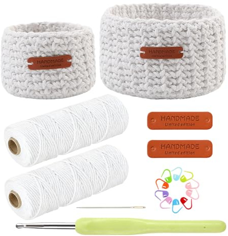 BAIFULAI Set all'uncinetto per cestini: set di cestini all'uncinetto con lana all'uncinetto, 4,5 mm, etichette in pelle, set rotondo per uncinetto con istruzioni video, set per principianti (bianco)