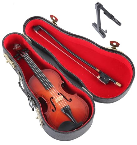 Mini violino in legno, elegante realizzato a mano per la decorazione musicale, lucidato con corde accurate e dettaglio dell'arco, perfetto per esporre o collezionisti da 12 cm