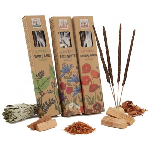 3er Set Räucherstäbchen White Sage, Palo Santo & Sandelholz – natürliche handgerollte Masala Räucherstäbchen aus Indien – Lange Brenndauer ca. 1 Stunde, 75 g Duftstäbchen für Ruhe & Entspannung, Yoga