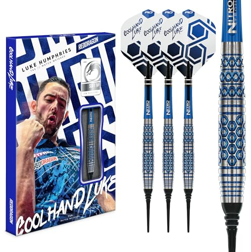 Röd DRAGON Darts – Professionell gamer Luke Humphries Coolhand TX5-serie 18 g pilar | 90 % volfram professionella dartpilar | Mjuk spets parallell dart set | Innehåller dartvingar och skaft