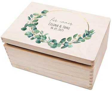 wunderwunsch Erinnerungskiste Hochzeit personalisiert, personalisiertes Hochzeitsgeschenk, mit indivuellen Namen in edlem Holz, individualisiert (Eukalyptus Ring gold)