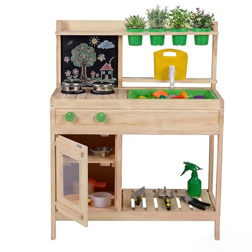 RELAX4LIFE Cucina Giocattolo per Bambini, Set di Cucina in Legno Massiccio con Lavagna, Serbatoio d’Acqua, Lavello Rimovibile, Giocattolo Educativo da Giardino e Balcone per Bambini 3+ Anni