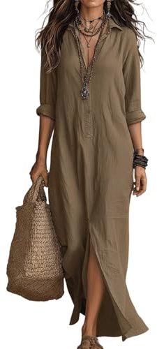 Vestido blusa para mujer, manga larga, vestido de verano, túnica ligero, vestido maxi de verano, elegante, vestido de playa, informal, primavera, cuello en V, vestido informal con abertura