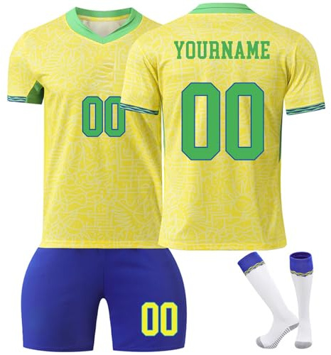 Brasilien WM Fußball Trikot Set für Kinder, personalisierbar mit Wunschname und Nummer, atmungsaktiver schnelltrocknender Sportstoff, Komplett-Set aus Trikot, Shorts und Socken für Jungen und Mädchen