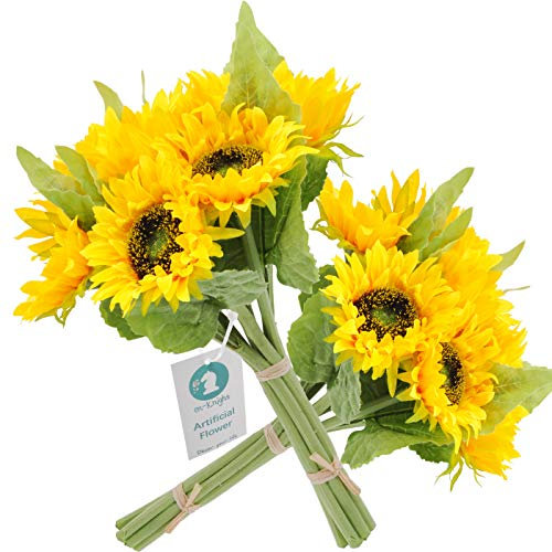 cn-Knight Artificial Flowers 2pcs 14'' Sunflower Bouquets with 7pcs Silk Flowers for Wedding Bridal Bouquet Bridesmaid Home Decor Housewarming Gift Office Baby Shower (Yellow)
