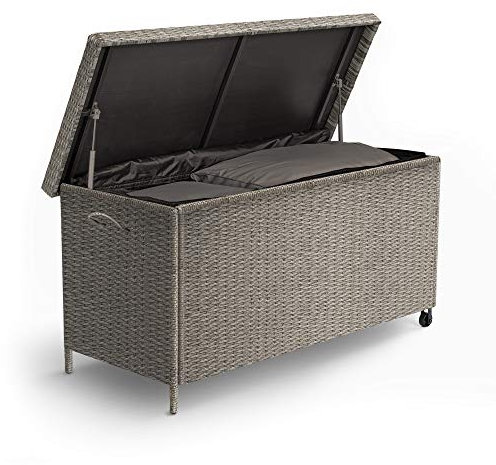 VonHaus Garden Storage Box 290L - Grey Rattan Outdoor Cushion Storage Box with Lockable Lid - Weatherproof Garden Container with Waterproof Liner, Gas Lift Hinges, Wheels & Carry Handle - Bali