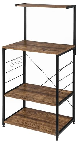 eSituro Küchenregal, Mikrowellenregal mit 4 Ablagen & 4 Haken, Bäckerregal aus Metall & Holz, Aufbewahrungsregal für Küche Café Wohnzimmer Badezimmer, 60 x 40 x 123 cm, Vintage-Holzoptik + Schwarz