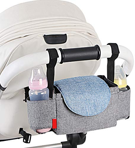 BelleStyle Kinderwagen Tasche, Kinderwagen Organizer, Buggy Organizer Tasche mit Isolierten Getränkehalter/Becherhalter, Universal Tragbare Aufbewahrung Kinderwagen Taschen 3 Tragemöglichkeiten, Grau