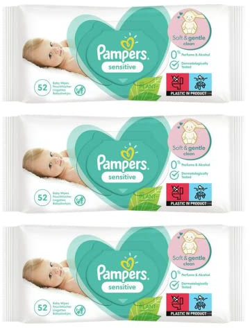 156-624 x Baby Wet Wipes PAMPER'S Sensitive Soft Gentle Fresh Babies No Fragrance Unscented Newborn Nappy Changing Skin Protection Clean Safe 52 Pcs Pack UK Free P&P (3X PAMPERS Packs (156 Wipes))