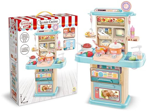 Teorema Giocattoli, Cucina Giocattolo per Bambini 70cm con Lavello Acqua Vera, Fornelli con Luci e Suoni, Cucina Bambina Completa di Accessori e Cibo Giocattolo