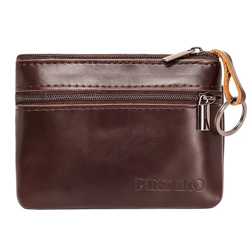 BAWAKO Large Key Pocket 3 Zip Compartments Genuine Leather Key Case for Women Men Children Key Case Coin Purse Compact Handmade (Brown)