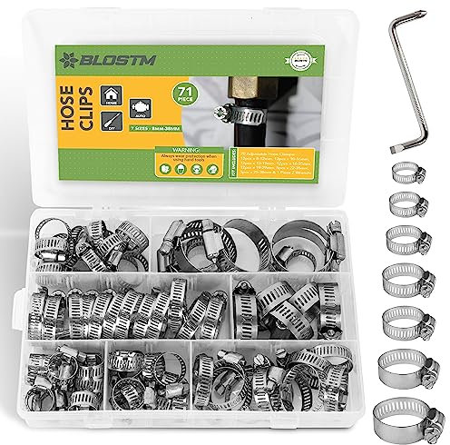 BLOSTM Small Hose Clips Assorted - 71Pcs Adjustable 8-38mm, Stainless Steel Pipe Clamp Set of 7 Sizes Includes Screwdriver and Storage Case - Pipe Clamps 71 PCS