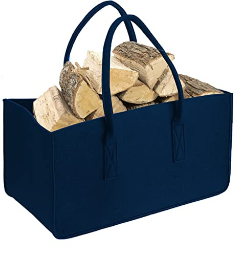 Heavyoff Panier à Bûches en Feutre avec 2 Poignées Sac de Rangement Pliable pour Bois de Cheminée, Porte-Journaux, le Transport de Bois, Jouets, Faire du Shopping, Bleu foncé, 50x25x25cm