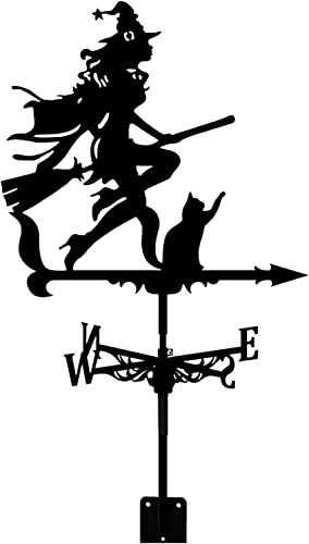 Wetterfahne für den Garten Wetterfahne Hexe und Katze Muster Ornament Metall Wetterfahne mit Windrichtungsanzeiger, Outdoor Gartenstecker Metallhalterung Windfahne