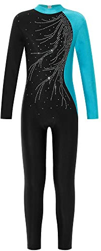 Doomiva Mädchen Turnanzug Ganzkörper Gymnastikanzug Glitzer Overall Sportbody Mit Strass Eiskunstlauf Anzug Langarm Leotard Blau Grün 170-176