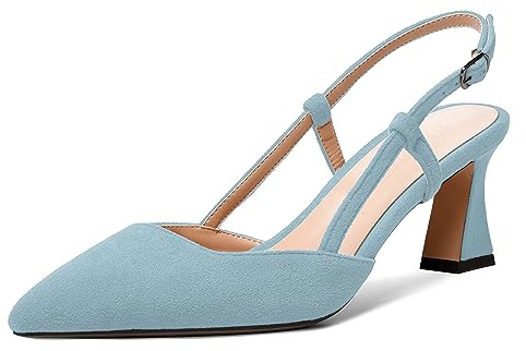 FEMSTEP Mujer Vestido Talón Medio Válvula Deslizante Hebilla Piel De Cabra Punta Puntiaguada Cabestrillo 2.5 Inch Sólido Boda Zapatos De Tacón Azul Claro Tamaño 39