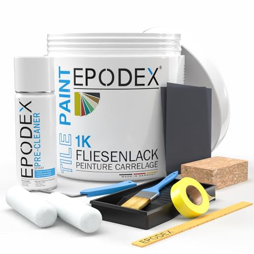 EPODEX Vernice per Piastrelle 1K con Accessori per Bagno, Cucina e Altro | Smalto Satinato per Piastrelle da Parete Interne | Bianco, Grigio, Beige e Altri | 1kg per 7m² (2 Mani)