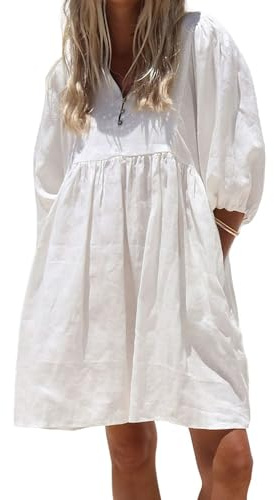 chouyatou Women's Summer Puff Sleeve Cotton Tunic Dress V-Neck Mini Vacation Babydoll Dress (Medium, White)