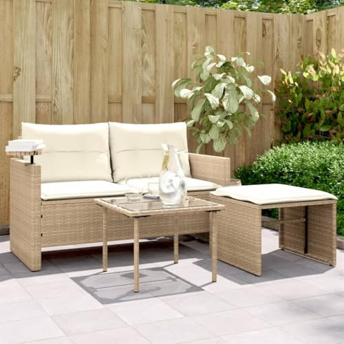 IKAYAA Balkon Sofa Gartensofa mit Tisch und Hocker Gartenbank Rattan Sofa 2 Sitzer Lounge Sofa Outdoor Balkonsofa Sitzlounge Couch Balkon Lounge Klein Balkonmöbel Rattansofa Gartenlounge